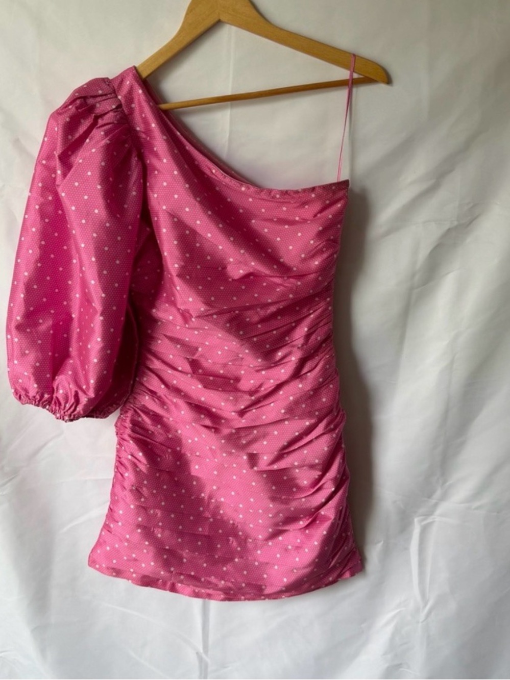 LoveShackFancy Hot Pink Polka Dot One-Shoulder Mini Dress